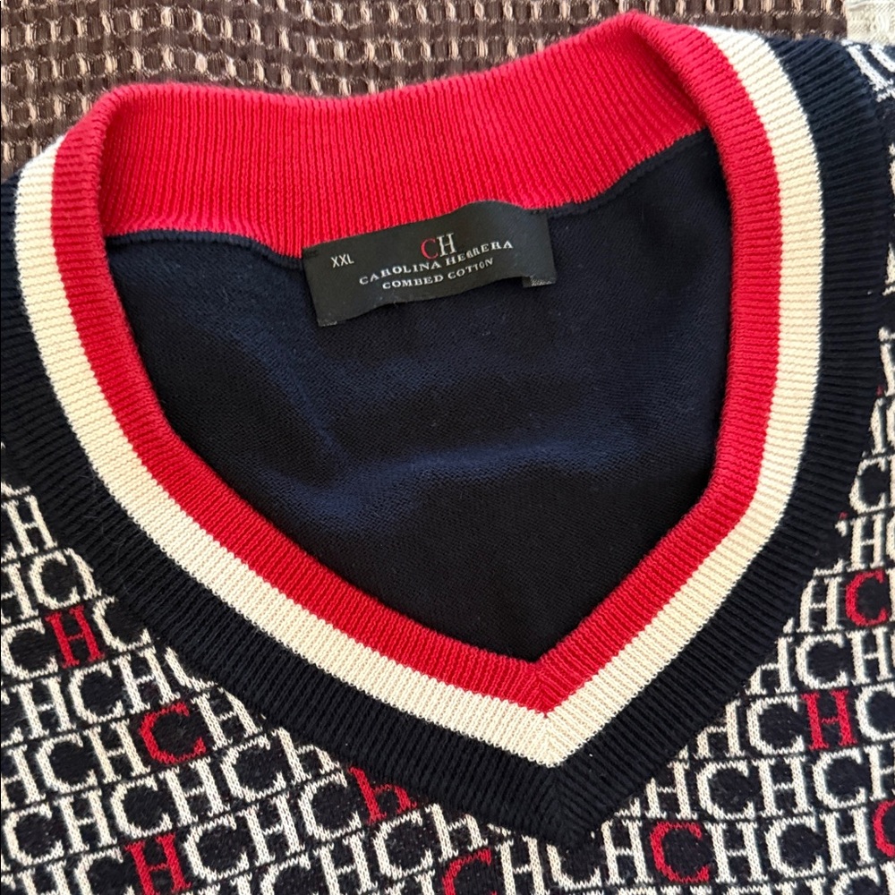 Monogram Navy & Red V-Neck Sweater - Picture 2 of 5